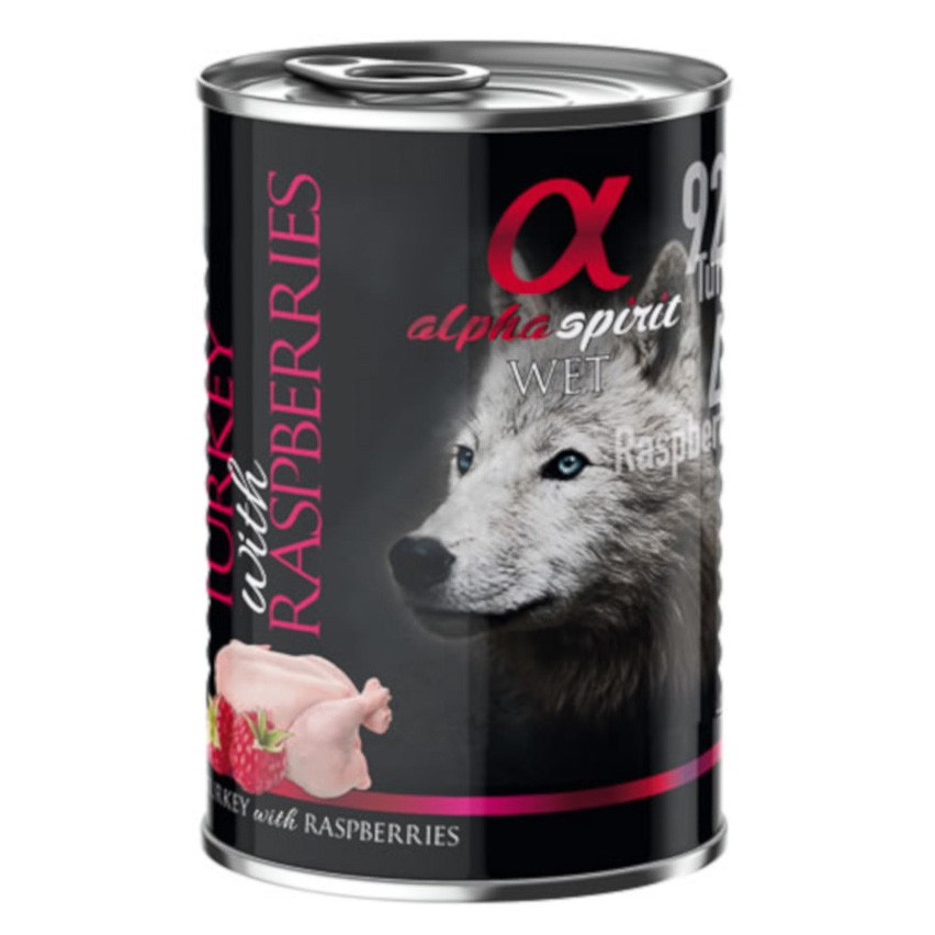 Alpha Spirit lata de pavo y pera, alimento húmedo completo para perros adultos 6u x 400g